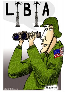 Parodia de un soldado norteamericano interesado en el petróleo de Gaddafi